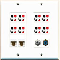 RiteAV - (2 Gang Decorative Coax 2 Cat6 White RCA Blue 8 Speaker Jack Wall Plate White