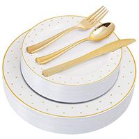 125 Pieces Gold Disposable Plates, Elegant Gold Plastic Silverware With Premium Quality, Includes: 25 Dinner Plates 10.25”, 25 Salad Plates 7.5”, 25 Knives, 25 Forks, 25 Spoons