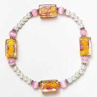 White with Pink Cat's Eye & Pink Lampwork Beads Magnetic Therapy Stretch Bracelet (Size Medium - 7.5")