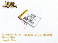 3.7V 800mAh 314362 Lithium Polymer Ion Rechargeable Battery Lithium Polymer Li-Po Battery for MP4 GPS MP3 Bluetooth Stereo DIY Gift