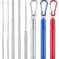3 Pieces Portable Stainless Steel Straw Set Telescopic Metal Drinking Straws Reusable Straw with Cleaning Brush, Stainless Steel Carrying Case and Keychain (Silver Straw, Silver Blue Red)