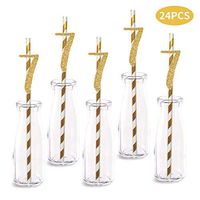 7th Birthday Paper Straw Decor, 24-Pack Real Gold Glitter Cut-Out Numbers Happy 7 Years Party Decorative Straws