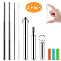 Reusable Straws, Aimego 2 PACK Stainless Steel Straws, Metal Straws with Case, Travel Portable Collapsible Straws, Telescopic Premium Drinking Retractable Straws Aluminum Case & Brush