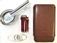 Eclipse Cigar Gift Set- Cedar Lined Case, Cutter, Cigar Ashtray & Quad Torch Lighter w/Puncher (Brown)