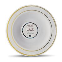 [60 Count - 5 Oz Bowls] Laura Stein Designer Tableware Premium Heavyweight Plastic White Dessert Bowl With Gold Border, Party & Wedding Plate Classic Series Disposable Dishes