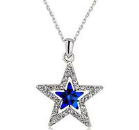 Women Blue Crystal Rhinestone Five-pointed star Silver Chain Pendant Necklace пјЃпјЃ Prom Pretty Beautiful Bright Stylish Cheap Elegant Jewerly Fashionable