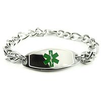 My Identity Doctor - Custom Engraved Mens Medical Alert Bracelet, Steel, Thick Figaro Chain, Green, 8mm - Wrist Size 8.5 Inch