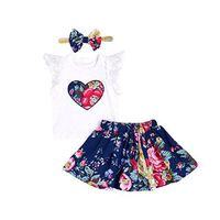 Infant Baby Girls Floral Print Lace Tops T-shirt Knee-Length Skirt 3Pcs Outfits Set Party Dress (White, 70/6Months)