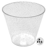 JL Prime 100 Silver Glitter Plastic Cups, 9 Oz Heavy Duty Reusable Disposable Silver Glitter Clear Plastic Cups, Old Fashioned Tumblers, Hard Plastic Drinking Cups for Party and Wedding