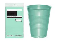 Mint Plastic Tablecloth, 108" x 54" and Set of 20 Fresh Mint Plastic Cups, 16 oz.