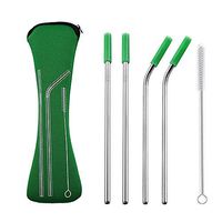 AINAAN Latest model Set of 4 Pieces Stainless Steel Straws,Reusable，With Cleaning Brush and Zipper Pouch Bag, 8.5 inch, Green