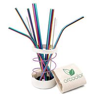 Arcoolor Set of 6 Reusable Stainless Steel Straws in 2 Sizes Match Cup Heights, Include Angled-Tip Boba Drinking Straws for Bubble Tea & Smoothie, with Case, Collapsible Straw Holder, Cleaning Brush