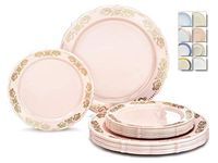 " OCCASIONS " 50 Plates Pack (25 Guests)-Vintage Wedding Party Disposable Plastic Plate Set -25 x 10.25'' Dinner +25 x 7.5'' Salad/dessert plates (Portofino Light Pink & Gold Accents)