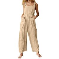 Alangbudu Women Loose Jumpsuits Spaghetti Strap Button Up Elastic Waist Wide Leg Romper Pants Overalls with Pockets Beige