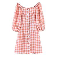 Eoeth Women Off Shoulder Plaid Print Buttons Mini Dresses Fashion Lantern Sleeve Sexy Tube Top Holiday Beach Party Dress Pink