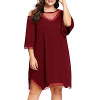 Plus Size Dresses,Women's Plus Size O-Neck Short Sleeved Lace Sexy Cold Shoulder Loose Dress Wine