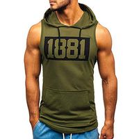 Buedvo Mens Workout Hooded Tank Tops Sleeveless Gym Hoodies Fitness Muscle Print Bodybuilding Pocket Blouse