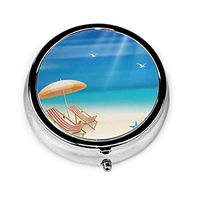 ZZguowuque Round Pill Case with 3 Compartment，Small Pill Case Portable for Pocket Purse， Travel Pills Box Ocean Coastal View Beach Chair Sea Gull