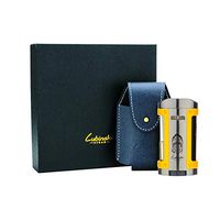 LUBINSKI Cigar Lighter + Leather Case Windproof Butane Quadruple Torch Jet Blue Flame Cigarette Lighter for Cigar Cooking BBQ Topsense (Yellow)