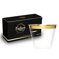 Gold Rim Plastic Cups 9 oz | 75 Pack | Clear Disposable Plastic with Decorative Golden Trim | Fancy Wedding and Party Cups by Festiva Supply