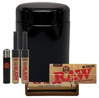 Clipper RAW Mini Tube Utility Lighter"Black Tops" (2 Pack), Raw Natural King Size Supreme, RAW Hemp Plastic Rollers-110mm, with Leaf Lock Gear UV Stash Jar- 5 Item Bundle