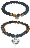 Hidden Hollow Beads Charm Tigers Eye and Black Lava Natural Stone Women's Yoga Beaded Stretch Bracelet Set. Comes in A Gift Box! (Sister)