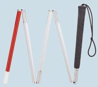 Walking Cane - Four section folding aluminum cane with black rubber grip handle and strap. White shaft is covered with reflector tape for night visibility. Available in even lengths only-from 42" through 54". Replacement tip not available.