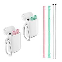 Reusable Silicone Collapsible Straws - 2 Pack Portable Drinking Straw with Carrying Case and Cleaning Brush, BPA Free (Pink & Green)