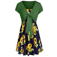 Womens Sunflower Short Sleeve Midi Dresses Bow Knot Bandage Tops Suit Summer Casual Straps Cover Up Mini Tshirt Dress Loose Swing Flowy Pleated Floral Sun Dress
