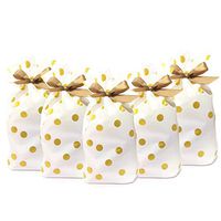 Prudance 50pcs Candy Cookies Drawstring Gift Bags 9” x 6”, Gold Dot Plastic Treat Bags with Bow-Tie for Christmas, Birthday, Wedding, Party Favor Gifts Bag.