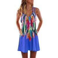 iLUGU Summer Casual African Dresses for Women Boho Print Cocktail Party Mini Dress Blue