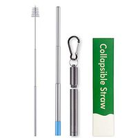 FRSWAY Portable Reusable Drinking Straws - Telescopic Stainless Steel Metal Straw with Aluminum Case & Cleaning Brush Accessories (Grey)