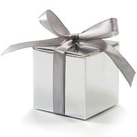 KPOSIYA 100 Pack Favor Boxes 2x2x2 inch Candy Boxes Metallic Silver Gift Boxes with Ribbons for Wedding Baby Shower Decorations Birthday Party Supplies (Metallic Silver, 100)