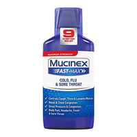 Cold, Flu, & Sore Throat Relief Liquid, Mucinex Fast-Max, 9oz, Maximum Strength Formula, Relieves cough; nasal congestion; sinus congestion and pressure; minor aches and pains; sore throat; headache