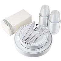 Silver Rim Plastic Dinnerware (200-Piece) Plastic Plates, Plastic Cutlery, Plastic Cups and Guest Towels - Service for 25 Guests Silver Place Setting for Wedding, Party, Baby Shower, Birthday, Holiday