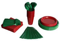 Exquisite 350 Piece Combo Christmas Themed Green & Red Disposable Party Plastic Plates and Cutlery Set Includes 50 Dinner Plates 50 Dessert Plates 50 Cups 50 Napkins 50 Forks 50 Spoons & 50 Knives