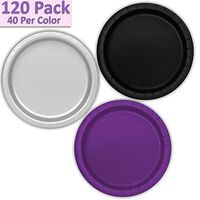 120 Paper Dessert Plates (7") - Black, Silver, Deep Purple - 40 Per Color, 3 Colors - Great Assortment for Birthday Parties, Weddings, Holidays, Baby Shower, Celebrations, and more