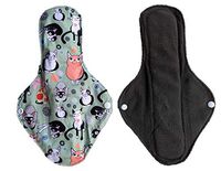 12"x7.25" Large Reusable 5 Layer Cloth Menstrual Pads Sanitary Napkins - 1 Bamboo Charcoal Absorbing, 3 Microfiber & 1 PUL Waterproof Layer (6-Pack, Flat - Cats, Light Green)