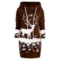 Coupondeal Womens Christmas Monochrome Reindeer Printed Hooded Drawstring Mini Dress(Coffee,S)