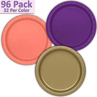 96 Paper Dinner Plates (9") - Deep Purple, Coral, Gold - 32 Per Color, 3 Colors - Great Assortment for Birthday Parties, Weddings, Holidays, Baby Shower, Celebrations, and more