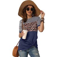 Meikosks Ladies Short Sleeve Colorblock T Shirt Round Neck Knotted Tops Leopard Blouses Blue