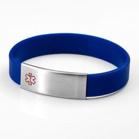 StickyJ USA Blue Silicone Bracelet with Medical Tag Size Medium with Free Engraving