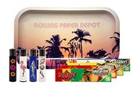 Juicy Jay King Size Flavored Rolling Papers (1 Pack: Coconut, Jamacian Rum, Mello Mango, and Pineapple), Clipper Lighter"Beach Feels", with Rolling Paper Depot Rolling Tray (Palms) - 9 Item Bundle