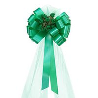 Emerald Green Pull Bows with Tulle Tails and Rosebuds - 8" Wide, Set of 6, Wedding Pew Bows, Aisle Decoration, Reception, Anniversary, St. Patrick's Day, Fundraiser, School Dance, Birthday, Party