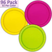 96 Paper Dinner Plates (9") - Neon Pink, Neon Yellow, Neon Green - 32 Per Color, 3 Colors - Great Assortment for Birthday Parties, Weddings, Holidays, Baby Shower, Celebrations, and more