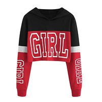 HNTDG Women Letter Printing Long Sleeve Contrast Color Hoodie Short Sweatshirt Pullover Tops Blouse Red