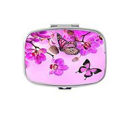 Red flowers and beautiful butterflies Rectangular pill box/pill case-• 2 Compartments for Keeping Pills Separate pill box/pill case