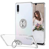 Case for Samsung Galaxy A50 Case Slim Transparent Silicone Case with Electroplated Frame Finger Grip Rotating Ring Holder Stand Work Magnetic Car Mount Protective Bumper case for Galaxy A50 (Silver)