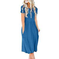 Aniywn Women's Short Sleeve Pleated Loose Swing Casual Dress with Pockets Knee Length Flare Dress Blue