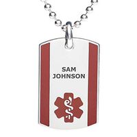 Divoti Deep Custom Laser Engraved Stainless Steel Medical Alert Necklace for Men, Steel Urban Tag Medical ID Necklace, Medical Dog Tag w/Free Engraving Chain 24 in Ball-Red